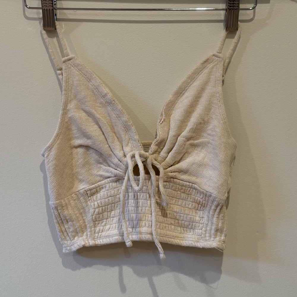 Urban Outfitters Cream Ribbed Tie Front Crop Tank